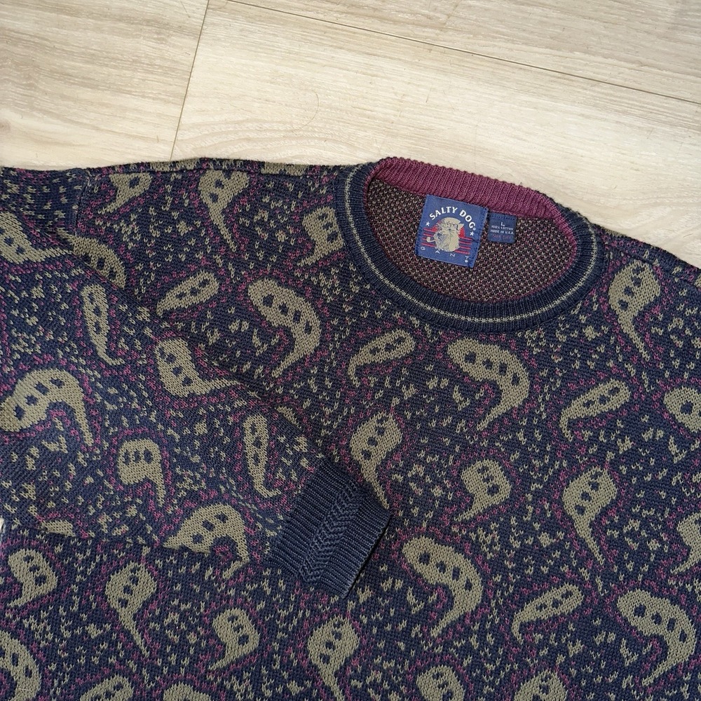 Vintage Salty Dog Gant Sweater Men's Paisley Knit Size Large Maroon Casual USA‎